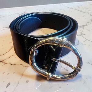 Black Leather Women's Belt with gold Oval Buckle